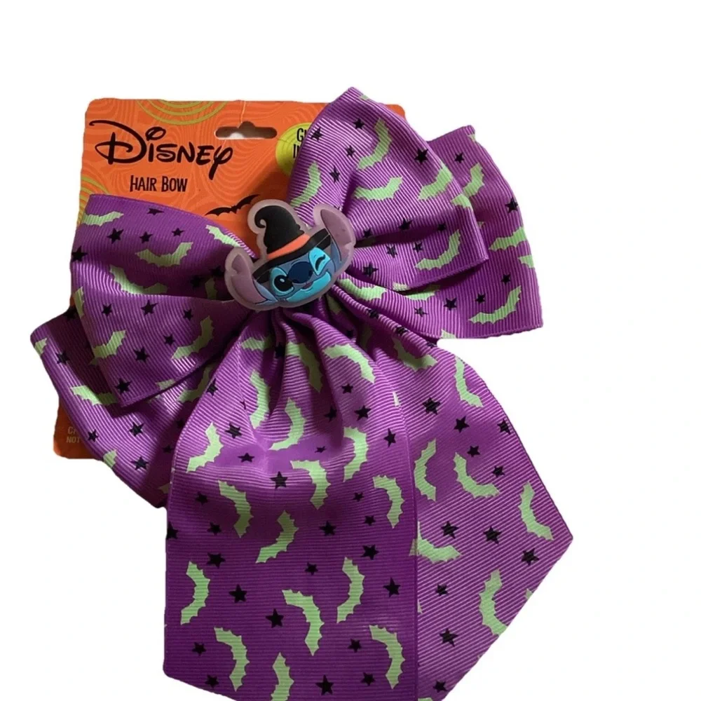 NWT Disney Halloween Glow in the Dark Purple Hair Bow with Stitch and Stars